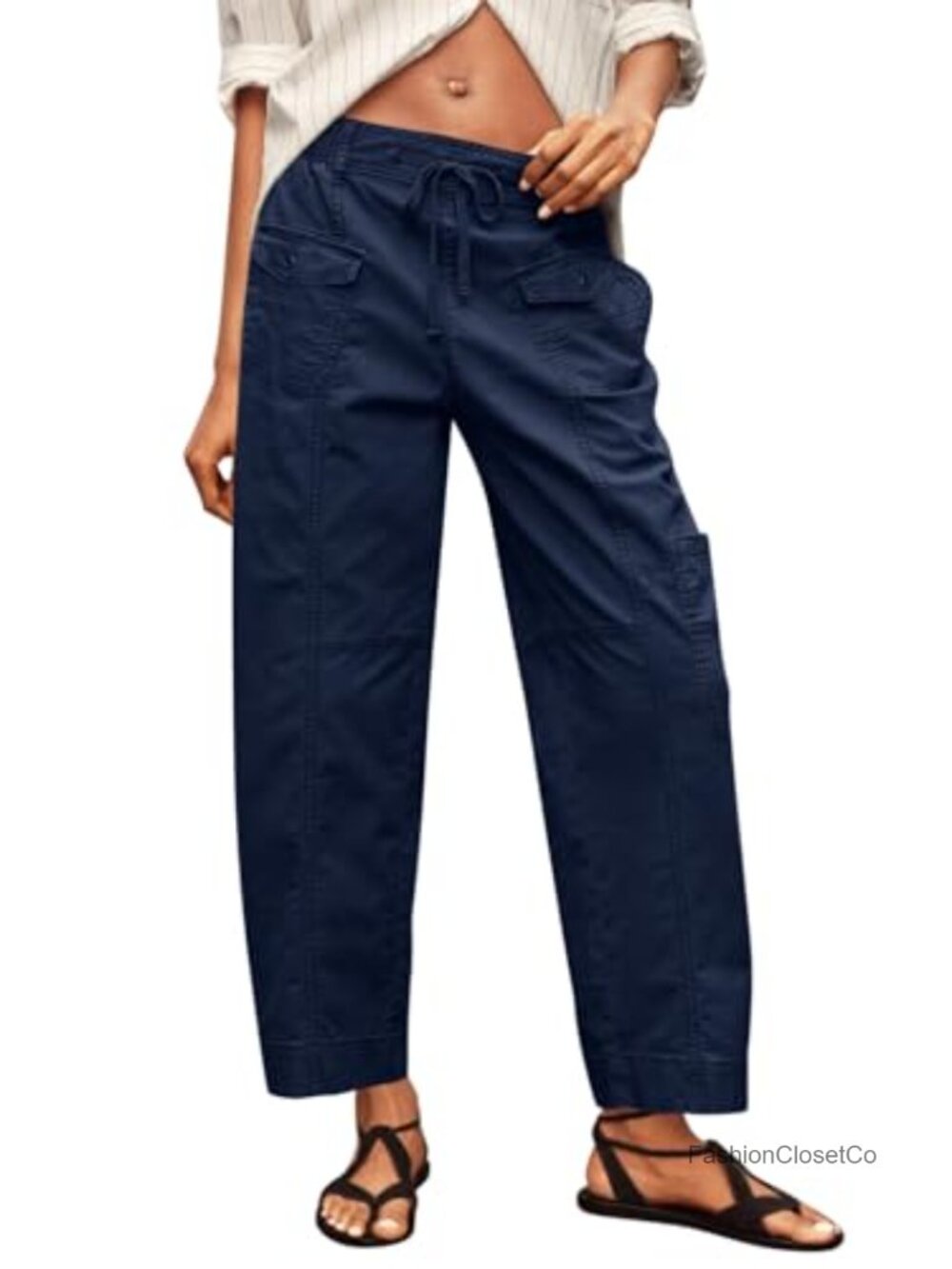100% Cotton Cargo Pants Drawstring Elastic Waist Casual Hiking Work Pants